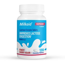 Milkaid Lactase Enzyme Chewable Tablets for Lactose Intolerance Relief, Prevents Gas, Bloating & Diarrhoea, Gluten Free & Vegan, Rasberry, 120 Count