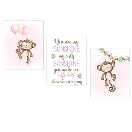 Girl Monkey Baby Nursery Wall Art You Are My Sunshine Toddler Bedroom Baby Nursery Decor SET OF 3 UNFRAMED PRINTS