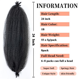Ainimiu 8 Packs Pre-Separated Springy Afro Twist Hair Spring Twist Hair Natural Black Marley Twist Crochet Braiding Hair for Soft Locs Hair Synthetic Hair Extensions for Women (1B, 24Inch)
