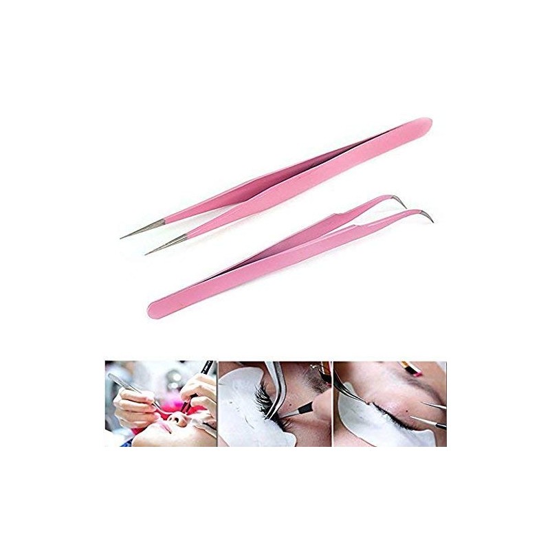 Onwon 2 Pcs Pink Stainless Steel Tweezers for Eyelash Extensions,