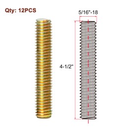 HiPicco 5/16" x 4-1/2" Fully All Threaded Rod Studs, 12pcs Carbon Steel Color Zinc Finished Right Hand Thread Screws for Furniture Garden Railing Mounting Assembly, Fastening Steel Frame Connections