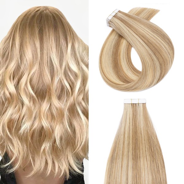 Silk-co Tape-In Extensions, Real Hair, Blonde Highlighted, Pack of 20, Remy Tape Glue Extensions, Skin Weft, 50 g, 12P613# Golden Brown and Bleach Blonde, 45 cm