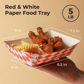 Fit Meal Prep [125 Pack 5 lb Paper Food Trays Heavy Duty Disposable Food Boats, Red Check, for Parties Fairs Picnics Carnivals, Hold Hamburger Snack Fries Hot Dog Grease Resistant