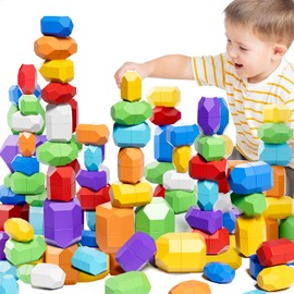 Lucky Doug Montessori Toddlers Toys for Age 1-3 2-4, 50 PCS Stacking Building Rocks Blocks Stones Toys for 1 2 3 4 Years Old Boys Girls, 1 2 3 Year Old Birthday Toys Gifts for Kids