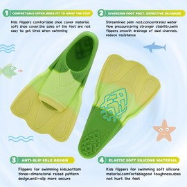 Kids Swim Training Fins, Comfortable Silicone Short Fins for Lap Swimming Flippers, Travel Size Flipper for Kids with Mesh Bag