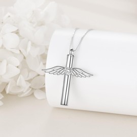 LUHE Urn Cross Necklace Sterling Silver Angel Wings Cross Necklace Cross Pendant Necklace Jewelry Gifts for Women