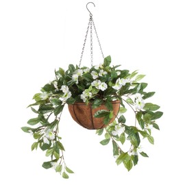 OakRidge Fully Assembled Impatiens Hanging Basket – Large Artificial Flower Outdoor or Indoor Decoration with Hook - White