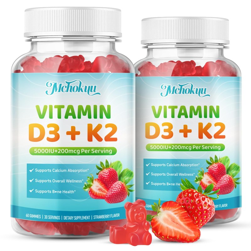 Mchokuu Vitamin D3 K2 Gummies 5000IU Sugar Free Supplement, 60