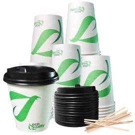 10 oz Compostable Paper Cups with Black Dome Lids and Wooden Stirrers - Biodegradable Disposable White Paper Coffee Cups PLA Lined - Eco-friendly Hot and Cold Drinking Cups (25)