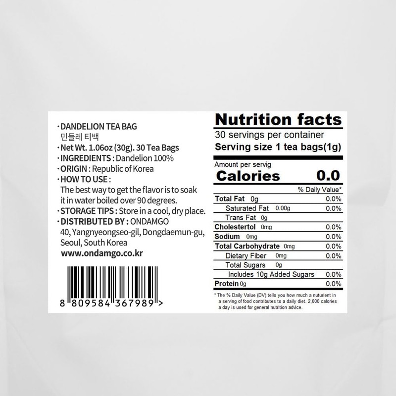 ONDAMGO White Dandelion Tea 30T Warm Tea 1.05oz / 민들레차