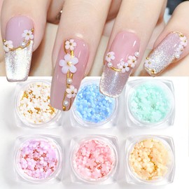 6 Boxes 3D Flower Nail Art Charms Light Change Nail Decals for Acrylic Nail Art Accessories with Pearl Golden Caviar Beads Glitter Nail Supplies Stud Design Jewelry Women DIY Decoration Tips