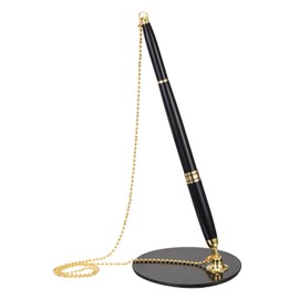 PATIKIL Secure Pen with Chain and Adhesive Pen Holder, Reception Counter Desk Pen with Security Pen Holder for Office Bank Hotel Lobby, Black Gold