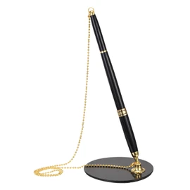 PATIKIL Secure Pen with Chain and Adhesive Pen Holder, Reception Counter Desk Pen with Security Pen Holder for Office Bank Hotel Lobby, Black Gold