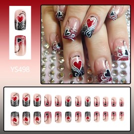 Valentine's Day Press on Nails Short Square Fake Nails with Red Black Heart Designs Ombre Nails Press ons Glossy Glitter Acrylic Nails Nude False Nails Valentines Stick on Nails for Women 24Pcs