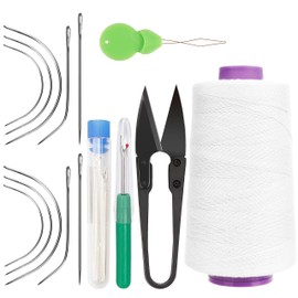 XCZYN Needle Thread Sewing Kit, Single Huge Spool 1130 Yards Each Polyester Thick Thread with Curved Needles, Needle Threader, Seam Ripper, Scissor etc for Making Wig, Sewing Hair Extension (White)