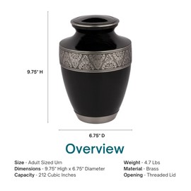 Regent Black Brass Cremation Urn for Ashes, Brass, Black Urn, Adult Sized Cremation Urn, 9.75 Inches High
