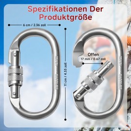 Vipuikos Pack of 2 Carabiner Hooks, 25 KN, O-Shaped Carabiner Hooks, Large, Heavy Duty Safety Carabiner, Stainless Steel, 2500 kg Load Capacity, Carabiner for Yoga, Hammock, Camping, Swing (Silver)