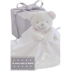 BUSHBABY ‘A New Star is Born' New Baby Comforter Blanket in Gift Box, Plush Animal Teddy Bear Soft Toy for Newborn Girls Boys (Neutral/Unisex White)