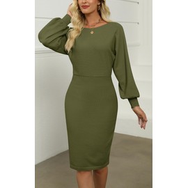 MIROL Women's Casual 2025 Long Puff Sleeve Solid Bodycon Midi Dress Ribbed Knit Oversized Pullover Sweater Dress Olive
