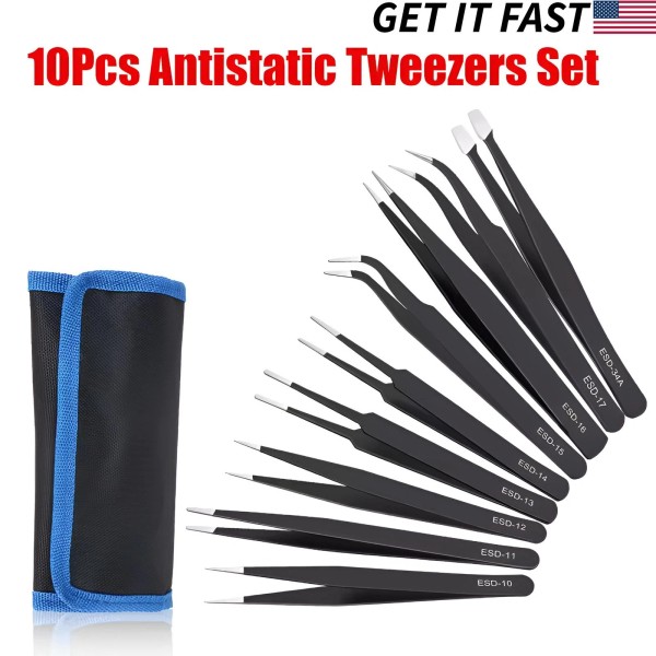 Delcast 10pc ESD Tweezers Precision Set Stainless Steel For Electronics