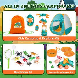 FUN LITTLE TOYS Kids Camping Set with Pop Up Play Tent Camping Toys with Battery Lantern and Drawstring Bag Indoor Outdoor Pretend Play, Christmas Birthday Gifts for Boys