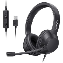 LEVN Headset with Mic, USB Headset with Microphone for PC, Headphones with Mic for Pc with Noise Canceling Microphone for Laptop, USB Headphones for Work from Home/Call Center/Open Office, Black