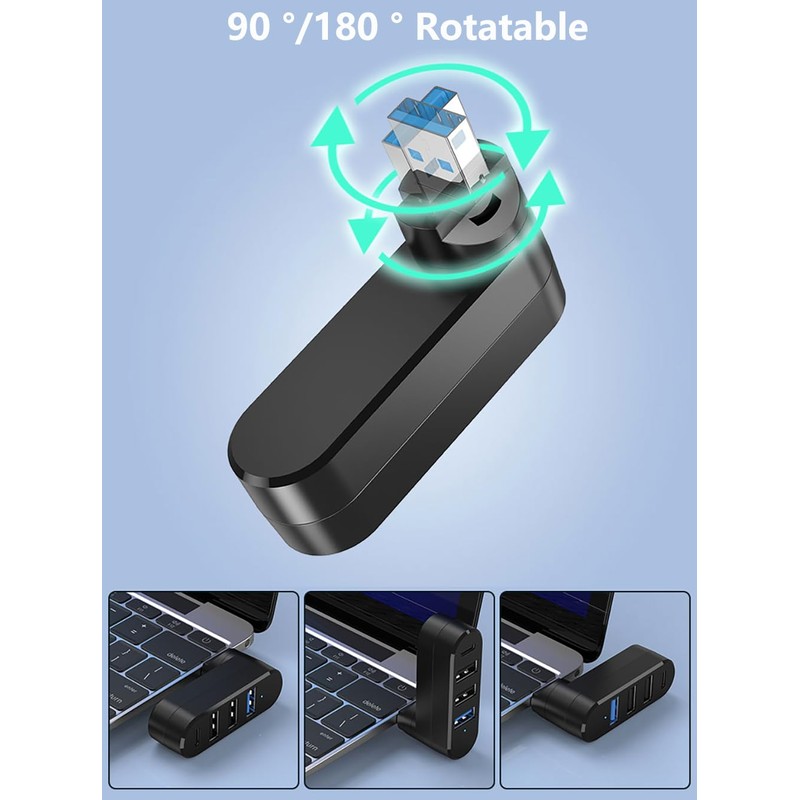 4Ports USB 3.0 Hub [90°/180° Degree Rotatable], USB Splitter Extender