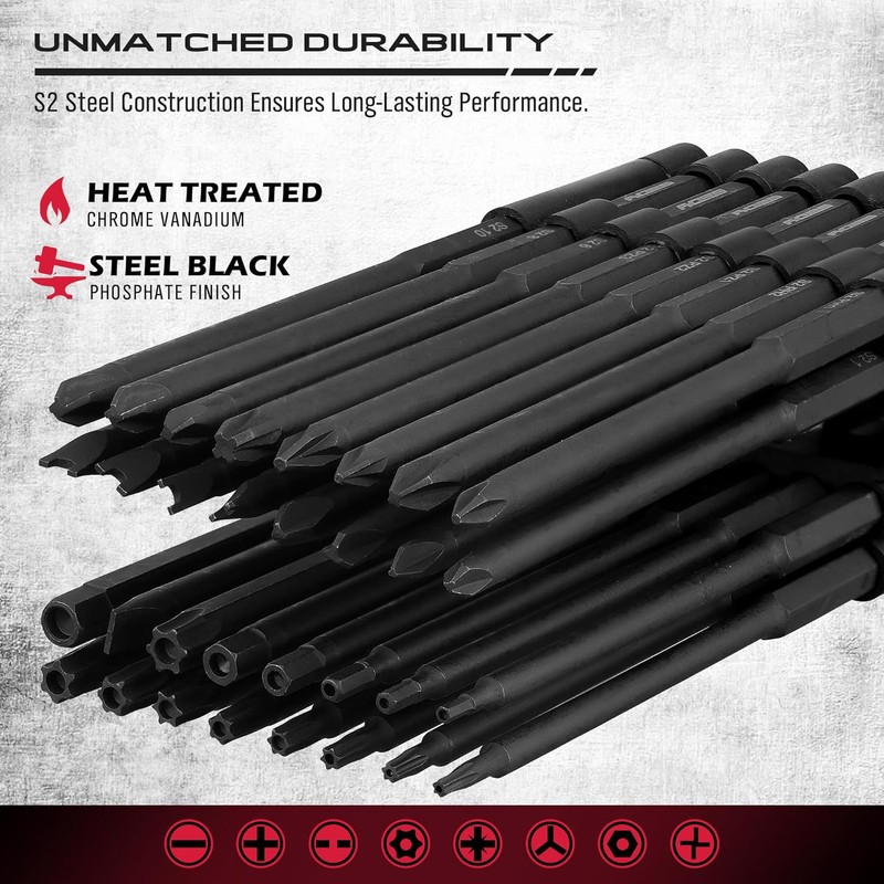 Extra Long Security Bit Set: 32-Piece S2 Steel Screwdriver Drill