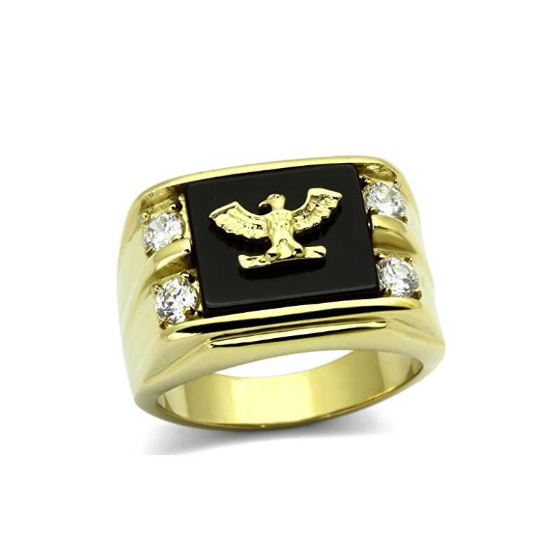 YourJewelleryBox Mens eagle ring gold onyx military cz 18kt stainless