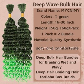 Deep Bulk Hair For Braiding Hair 20inch Wet And Wavy No Weft Quality Synthetic Hair Braiding Extensions For Boho Braids Natural Color 2 Bundles/Pack (1B/green# 150g)