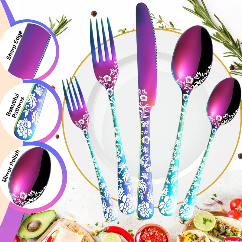 Vilihkc 20 piece Peony Flower Pattern Design Silverware Set, Stainless