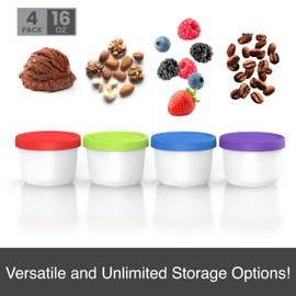 BALCI - 16oz Ice Cream Containers with Silicone Lids (Set of 4) - 1 Pint Each Freezer Food Storage Containers, Reusable, LeakProof, For Homemade IceCream Containers - Blue, Red, Green, Purple
