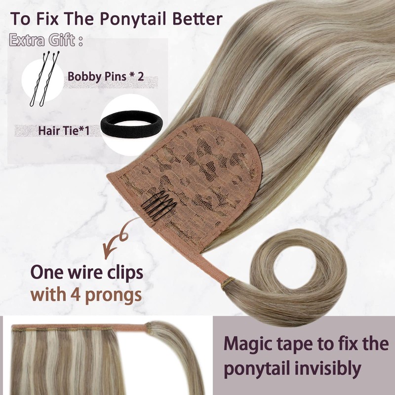 Runature Ponytail Real Hair Blonde Highlight, 30cm, Natural Clip-In Extensions,