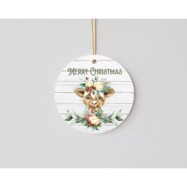 Twisted R Design Merry Christmas Floral Cow Ceramic Christmas Ornament, Tree Decoration