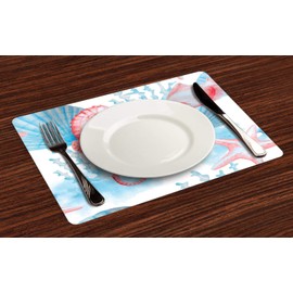 Lunarable Nautical Place Mats Set of 4, Shells Sea Horse Corals Fish Sandy Beach Exotic Watercolor Effect, Washable Fabric Placemats for Dining Table, Standard Size, White Coral