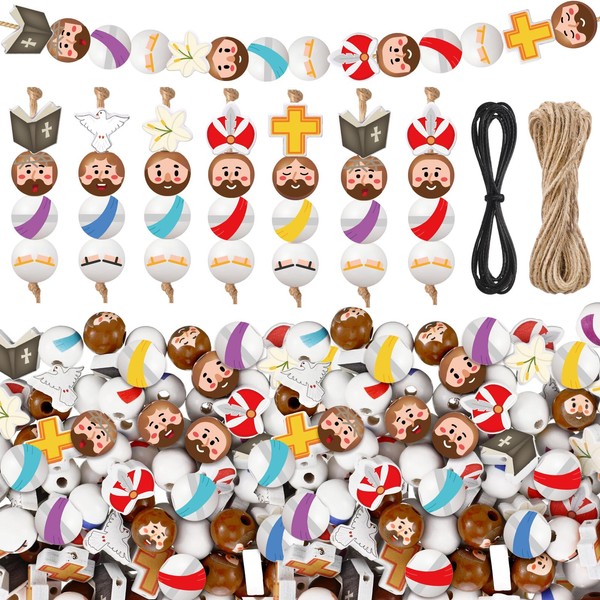 Cinnvoice 240 Pcs Jesus Easter Wood Beads with Twine Easter