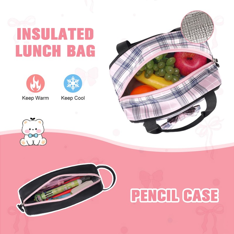 Bevalsa Backpack for Gilrs, Bow Plaid Bookpack with Bento Lunch