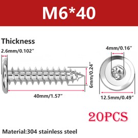 Qrity Pack of 20 304 Stainless Steel Self-Tapping Screws, M6 x 40 mm Flat Head Screws, Wood Screws, Hex Socket Screws for Construction and Repair