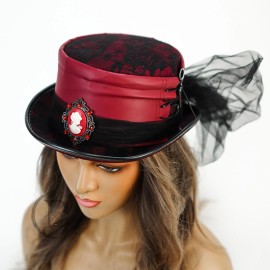 HaT Red Steampunk Hat Victorian Tea Party Tall Hat Venetian Hat with Veil