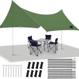 Camping Tarp with Poles - AYAMAYA Large Size 10x15 FT Tent Tarps - Waterproof Hammock Awnings Canopy Rain Fly Picnic Mat Survival Shelter for Backpacking Hiking Beach Sun Shade with Stakes & Guylines