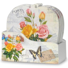 Drink Coasters with Holder - Set of 6 Coasters for Drinks with Floral Designs - Gifts for Her - Teacher Appreciation Thank You Gift