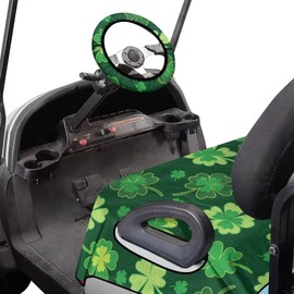 Reanaysto Saint Patrick's Day Clover Golf Cart Seat Cover Set of 2 with Steering Wheel Cover Anti Slip 2 Seat Golf Cart Cushion Cover Unique Steering Wheel Cover Protector Fit 2 Seats Club Car Parade