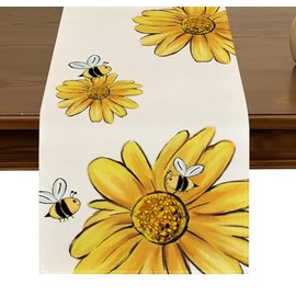 Sunflower Bee Summer Table Runner,72 Inches Seasonal Flowers Holiday Kitchen Dining Table Decoration for Home Party Indoor ZQ08