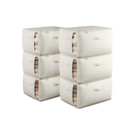 Large Canvas Clothes Storage Bags with Thick Handles and Clear Window, Foldable Cotton Linen Closet Organizer for Clothing, Blankets and Bedding, 6 Pack, Beige