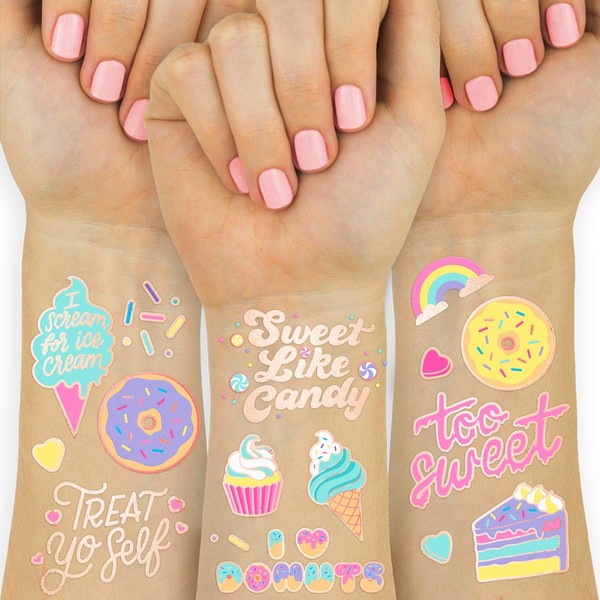 xo, Fetti Donut Party Supplies Temporary Tattoos - 48 Glitter Styles | Dessert Birthday, Ice Cream, Cupcake, Candy, Valentine's Day