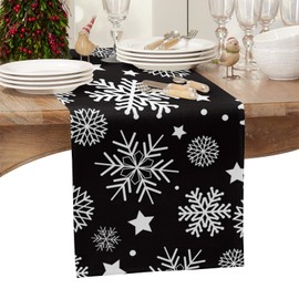 Table Runners 72 inches Long, Christmas White Snowflake Black Background Table Runner Farmhouse Dresser Scarves,Decortaive Table Runner Cover for Dining Coffee Table Holiday Party Wedding