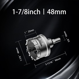 Mollom (1-7/8'' | 48mm) Heavy Duty Carbide Hole Saw with 2 Pilot Drill Bits, Hole Cutter cuts Stainless Steel, mild Steel, Iron, Copper, Brass, Plastic