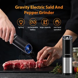 Kochnors USB Rechargeable Pepper Grinder, Gravity Electric Pepper Grinder with 6 Level Adjustable Coarseness, One Handed Operated Salt and Pepper Grinder for Kitchen, Restaurant and BBQ