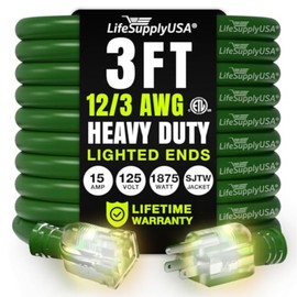 3ft Outdoor/Indoor Extension Cord 12/3 Gauge Extra Heavy Duty 3 Prong SJTW, Waterproof, ETL Listed, Flexible Cold-Resistant Long Power Cord,15A 125V 1875W, Green by LifeSupplyUSA