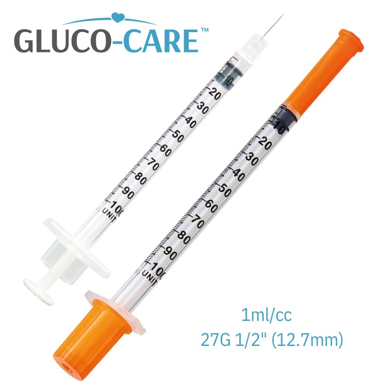 GLUCO-CARE 1 ml/cc Syringes 27G x 1/2’’ (12.7mm), Orange Cap,